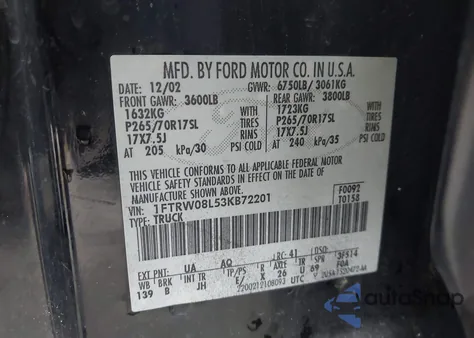 2003 Ford F-150 Lariat/Xlt from USA, damaged, VIN 1FTRW08L53KB72201